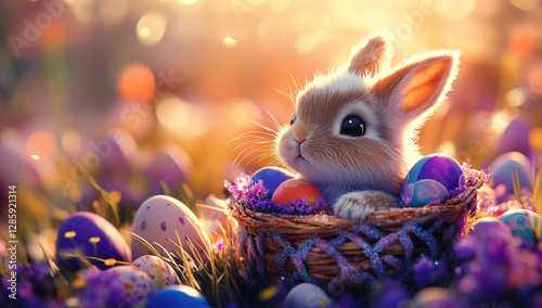 Adorable Baby Easter Bunny in a Nest Filled with Colorful Easter Eggs