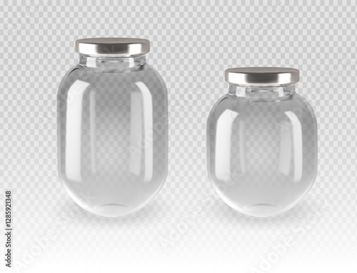 Two empty transparent glass jars with silver metal lids, isolated on a checkered background. Different sizes for kitchen storage, food preservation, and packaging. Ideal for pantry organization.