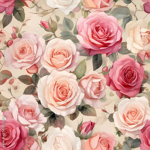 Beautiful Floral Pattern with Soft Pink and White Roses Design