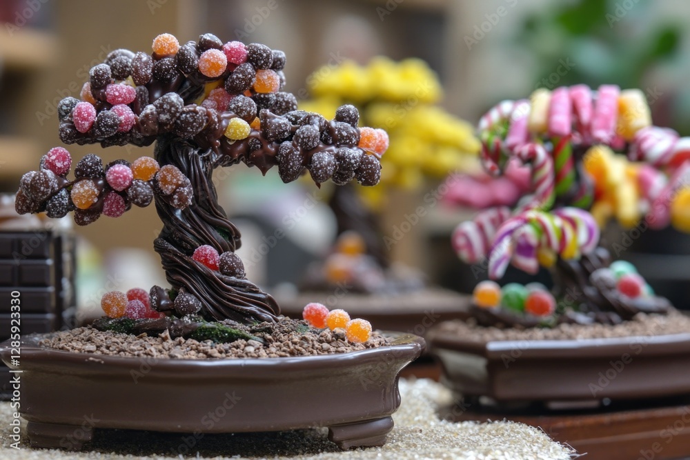 A creative dessert display featuring a bonsai tree made from chocolate and candy A creative dessert display featuring a bonsai tree made from chocolate and candy