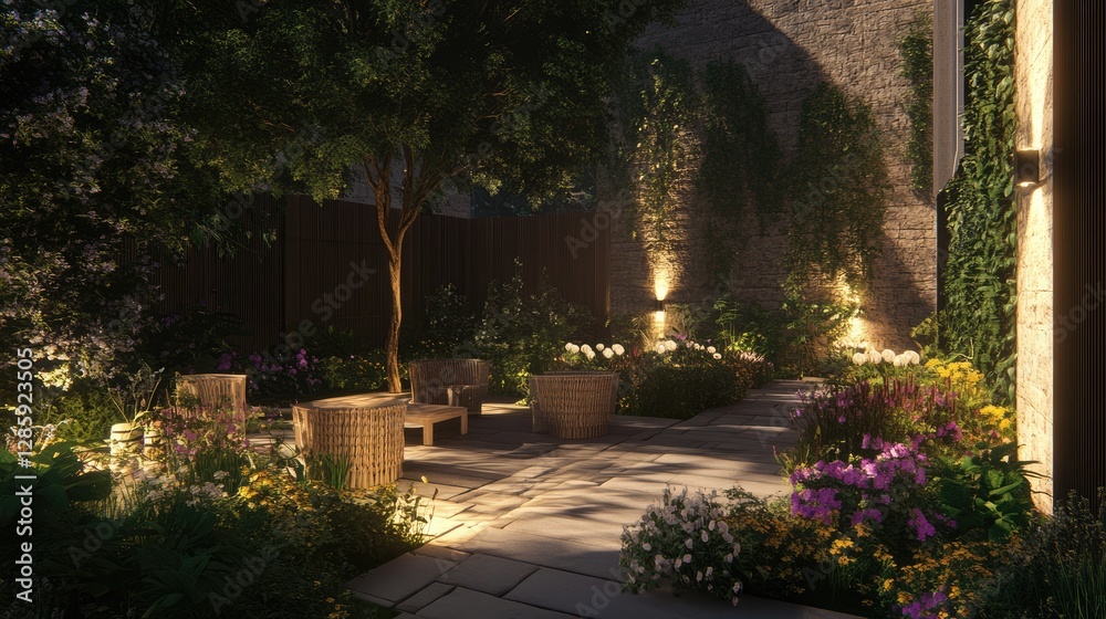 Fototapeta premium A garden patio with biodegradable outdoor furniture and solar-powered lights.