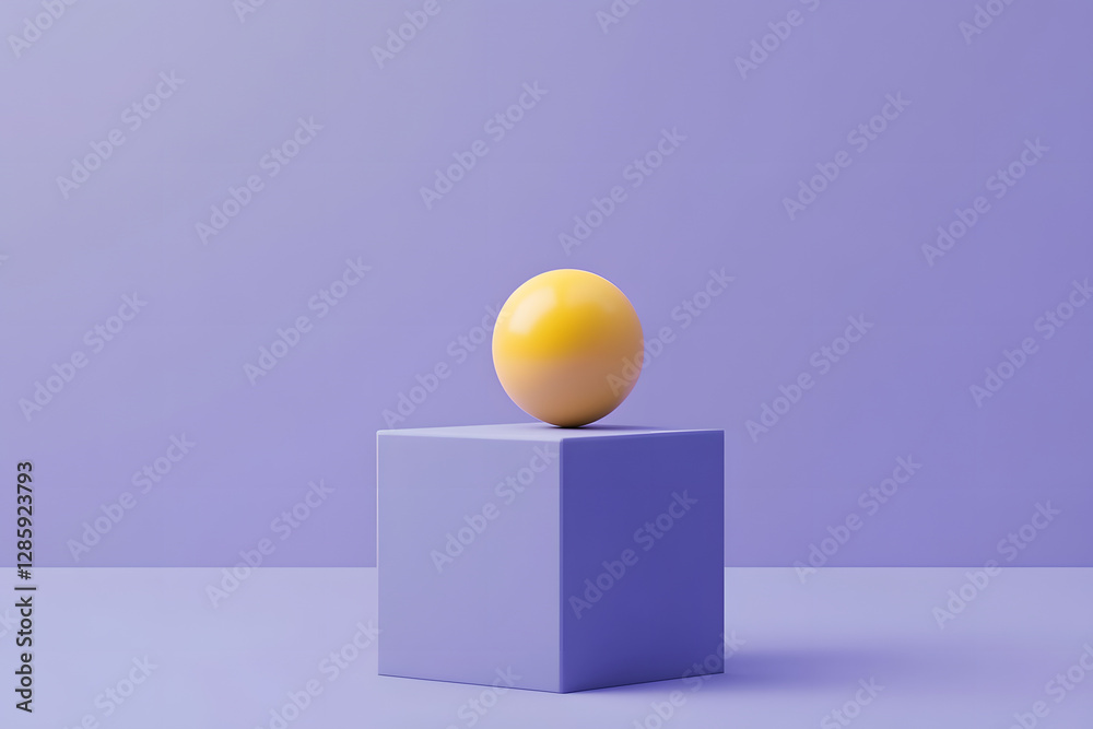 Minimalist purple background with a yellow sphere on a blue cube, a geometric composition Minimalist purple background with a yellow sphere on a blue cube, a geometric composition