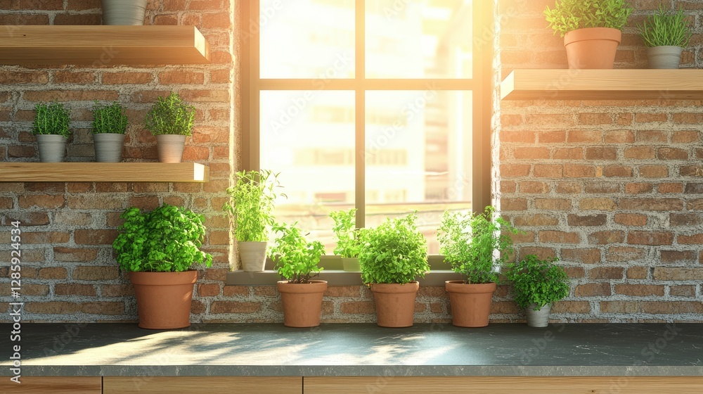 Fototapeta premium A kitchen with wooden shelves, stone countertops, and potted herbs on the windowsill.