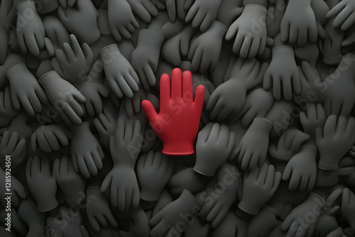 A single bright red glove among gray gloves, symbolizing the importance of safety in the workplace.