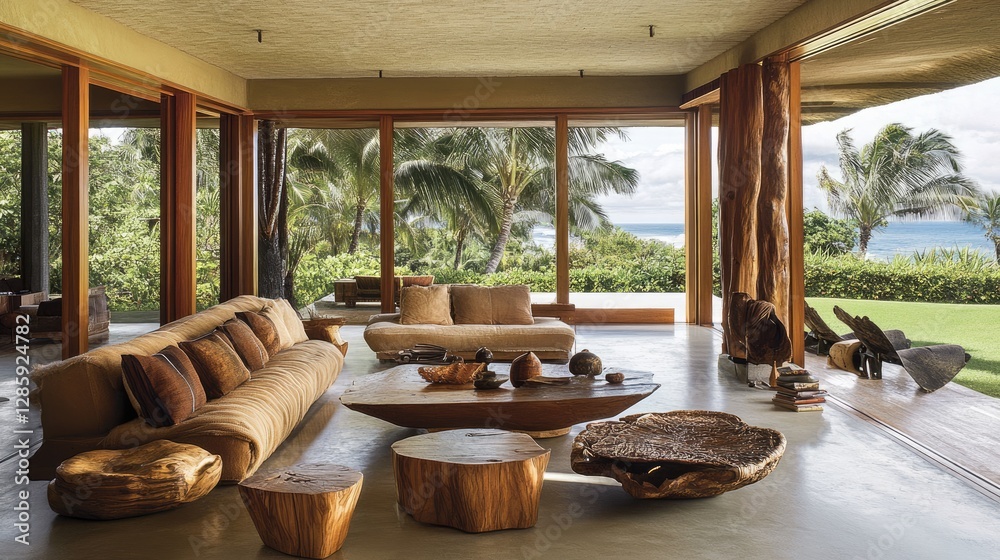 Fototapeta premium A living room with earth-toned furniture, wooden accents, and natural textures.