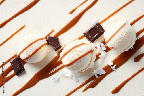 Smooth ice cream drizzled with chocolate sauce background