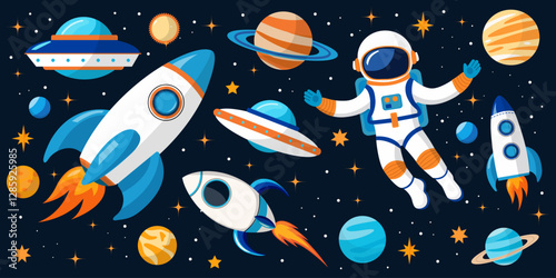 A set of space-themed elements for children with an astronaut, rockets and planets