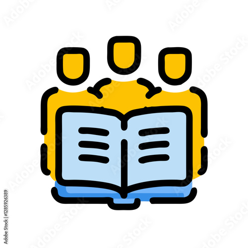 Three people sharing knowledge from an open book, collaboration