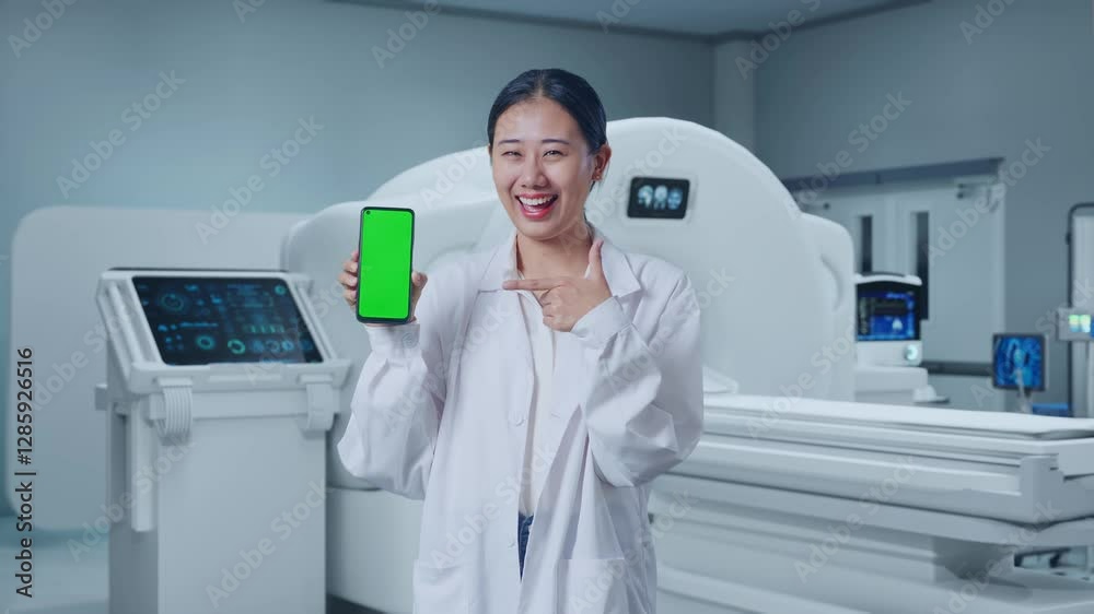 Asian Woman Doctor Pointing To Green Screen Smartphone In Hand While Standing With Mri Machine In The Hospital Asian Woman Doctor Pointing To Green Screen Smartphone In Hand While Standing With Mri Machine In The Hospital