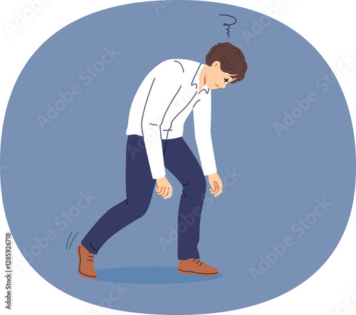 Tired man bends over and closes eyes due to exhaustion caused by overwork and overload. Business guy feels drowsy and exhaustion after completing difficult job on behalf of manager.