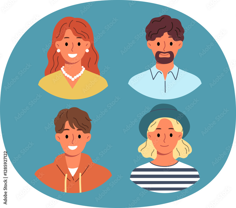 Family of mom and dad and teenage children smiling at screen, for avatars or profile photos in web design. People of different ages from one family are dressed in casual clothes or feel good mood Family of mom and dad and teenage children smiling at screen, for avatars or profile photos in web design. People of different ages from one family are dressed in casual clothes or feel good mood