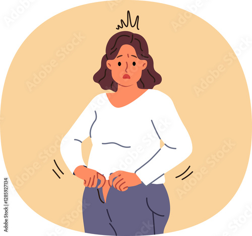 Obraz na płótnie Overweight woman cannot fit into old jeans due to excess weight caused by overeating and sedentary lifestyle. Problem of excess weight surprises girl who needs to follow diet or exercise w salonie