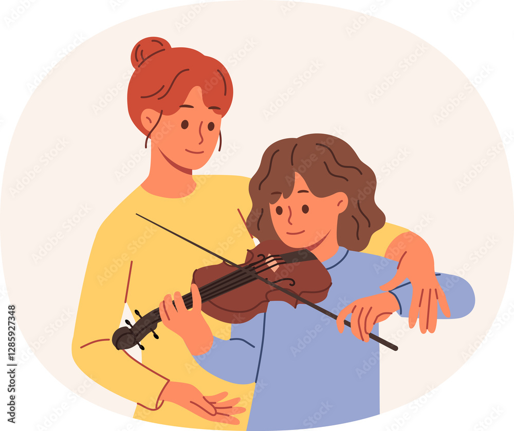 Learning to play violin for teenage girl, from professional teacher who helps to hold bow correctly. Caring mother teaches daughter to perform music on violin, practicing before concert with audience