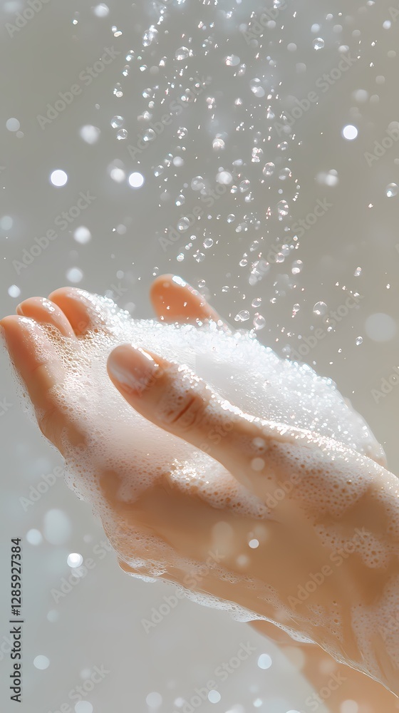 Hands and white soap foam poster background Hands and white soap foam poster background