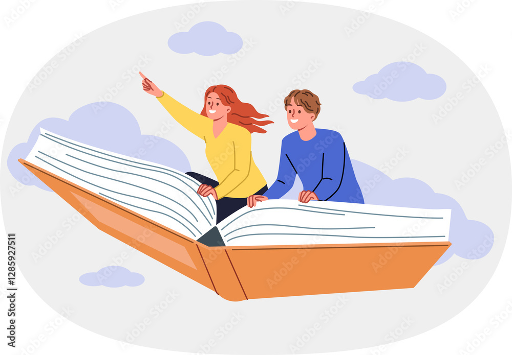 Fantasy literature allows man and woman to imagine traveling and flying through sky on giant book. Cheerful students read literature about tourism and flights to different countries of world
