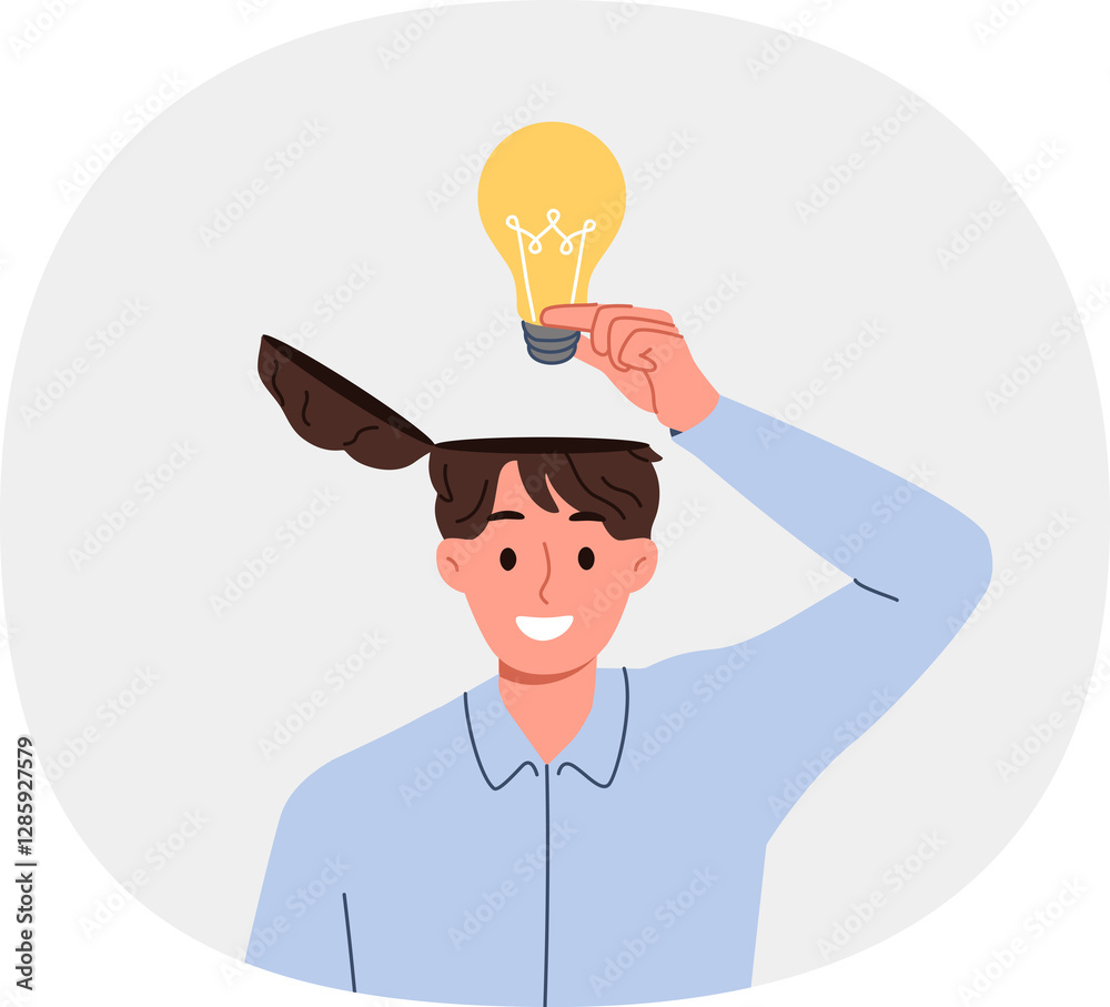 Man learns about innovative idea puts light bulb inside head to improve own creative thinking. Brilliant idea from business guy came up with new invention during brainstorming session
