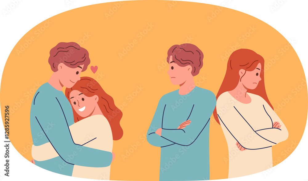 Offended couple experiences disagreements after family quarrel and hugs to try on or restore relations. Conflict between man and woman is resolved thanks visit to family psychotherapist