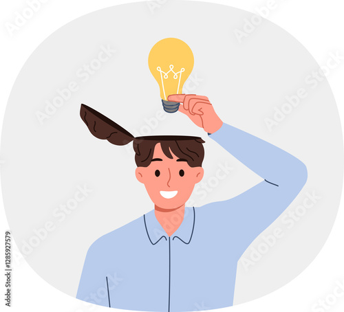 Obraz na płótnie Man learns about innovative idea puts light bulb inside head to improve own creative thinking. Brilliant idea from business guy came up with new invention during brainstorming session w salonie