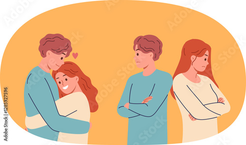 Obraz na płótnie Offended couple experiences disagreements after family quarrel and hugs to try on or restore relations. Conflict between man and woman is resolved thanks visit to family psychotherapist w salonie