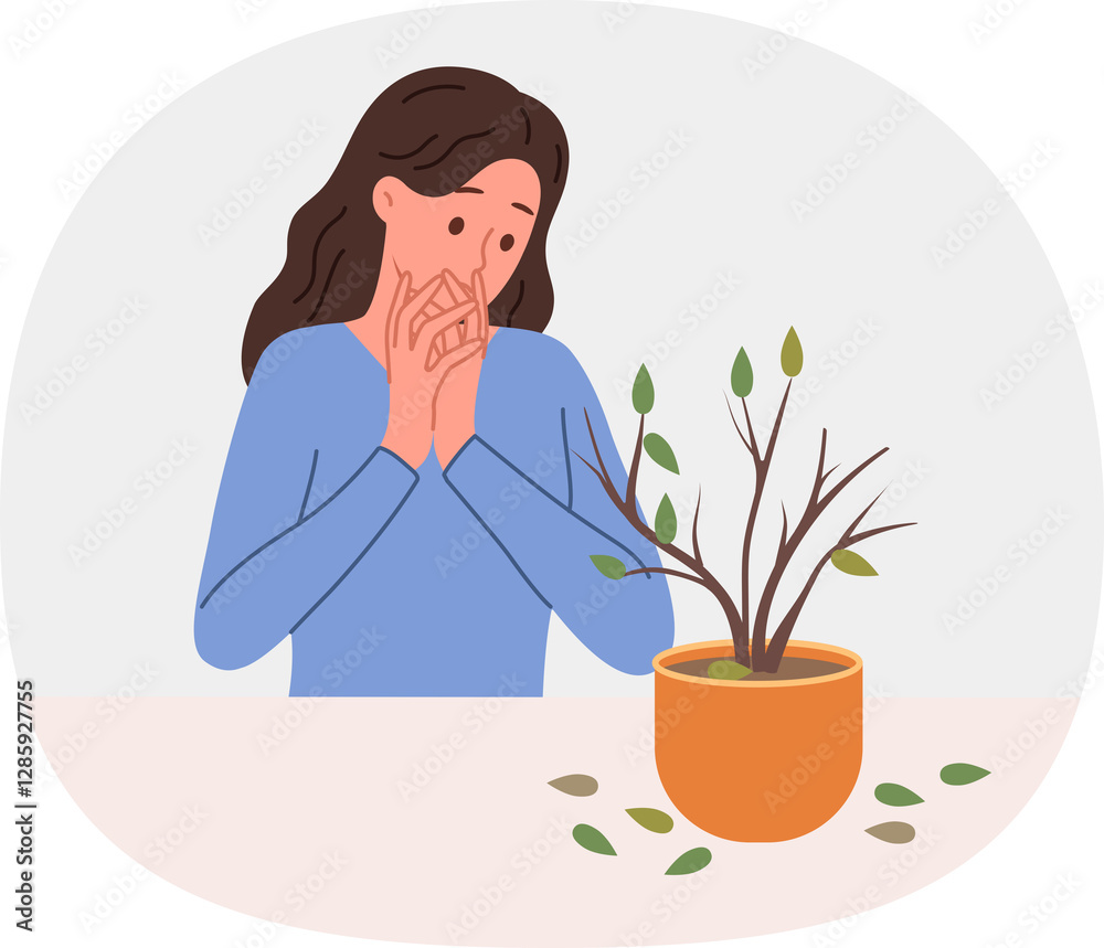 Dried out houseplant in pot causes stress to upset woman who is interested in botany. Discouraged girl sees sick houseplant that has become victim of pests or low-quality fertilizers