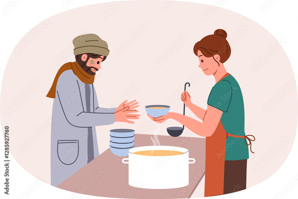 Homeless man receives food from female volunteer from shelter for poor people who are unemployed. Girl volunteers at charity that provides lunch to homeless people with nutrition vouchers.