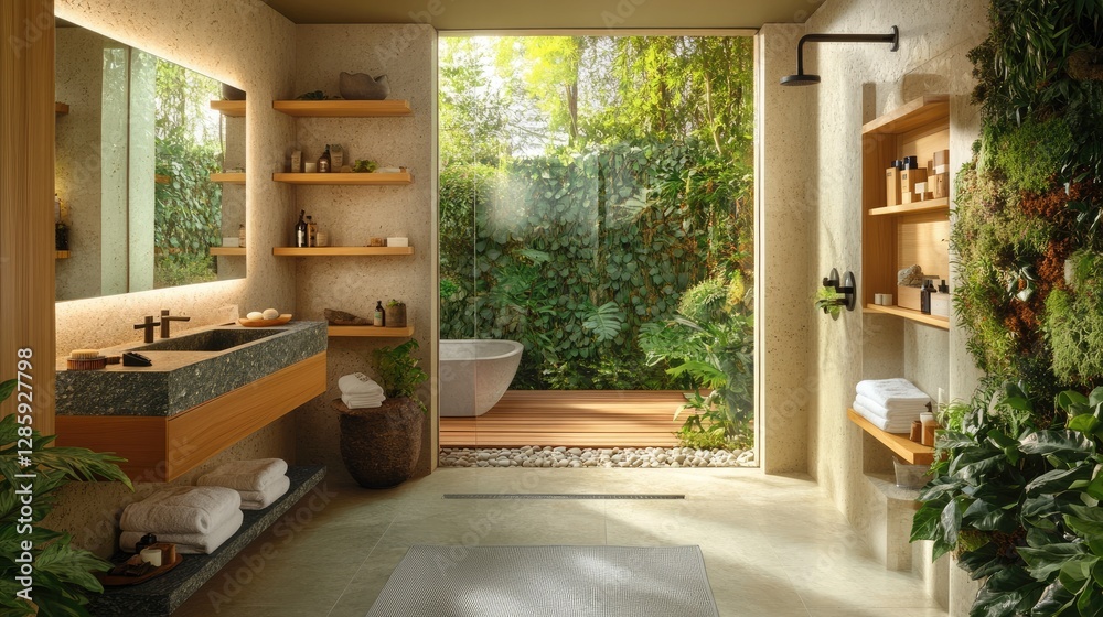 custom made wallpaper toronto digitalA relaxing spa-inspired bathroom with wooden shelves, stone sink, and neutral decor.