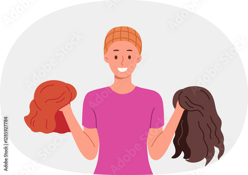 Woman chooses wig, wanting to change image and have long hair, after chemotherapy which caused baldness. Two wigs in hands of girl using artificial hair to disguise and fake appearance