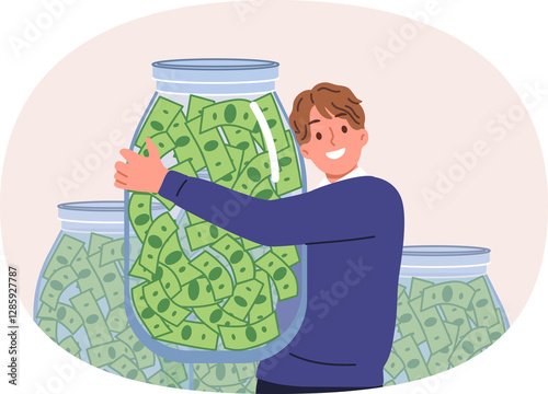 Rich man hugs jar of money, rejoicing at accumulation in pension account and dividends receives. Rich guy became money millionaire thanks to financial literacy and presence of investment consultant