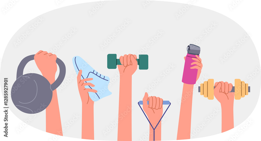 Sports equipment in hands of people lifting weights and dumbbells for fitness training, or holding bottle and sneakers for running. Sports items for physical education or athletics to improve health