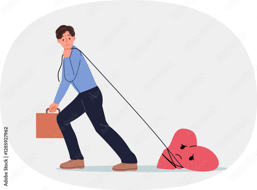 Business man goes to work with pain in heart tied to rope, suffering due to problem in personal life. Sad office employee with burnout syndrome causing job aversion and heart disease