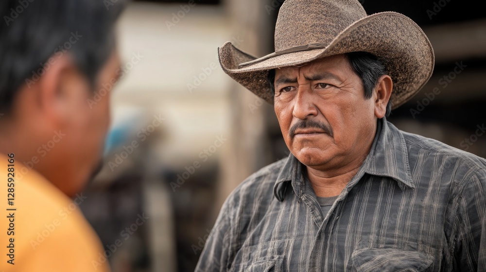 Two men conversing while wearing cowboy hats, outdoor setting Two men conversing while wearing cowboy hats, outdoor setting