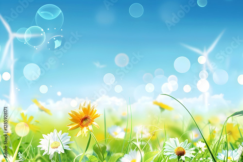 Bright and cheerful field of flowers under a clear blue sky with wind turbines in the background