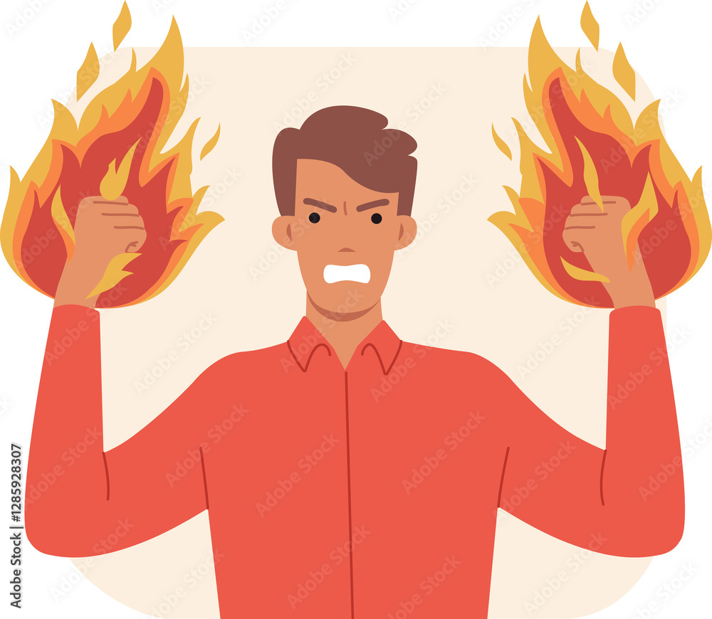 Aggressive man with flames on fists threatens and waves arms during conflict. Aggressive guy feels angry and wants to fight due to lack of agreement or toxic behavior of colleagues