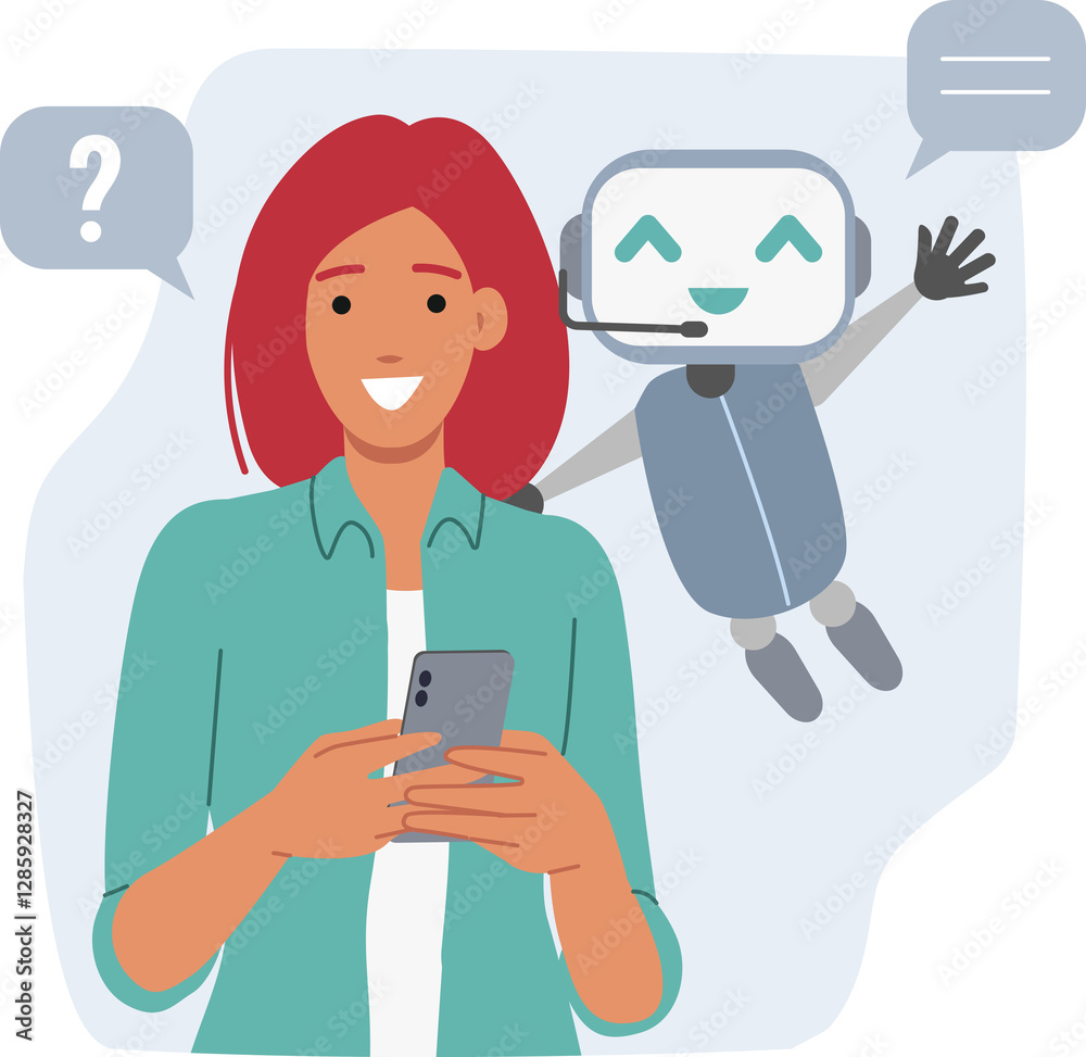 Chatbot helps woman through mobile application on phone, providing advice and technical support. Online chatbot for solving customer issues, equipped with artificial intelligence or ai technology