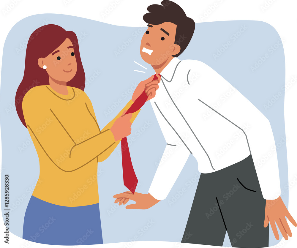 Woman puts tie tightly around husband neck, taking care of beloved husband who is getting ready for work. Girl helping to use tie to choking boyfriend, for concept of toxic relationship in family