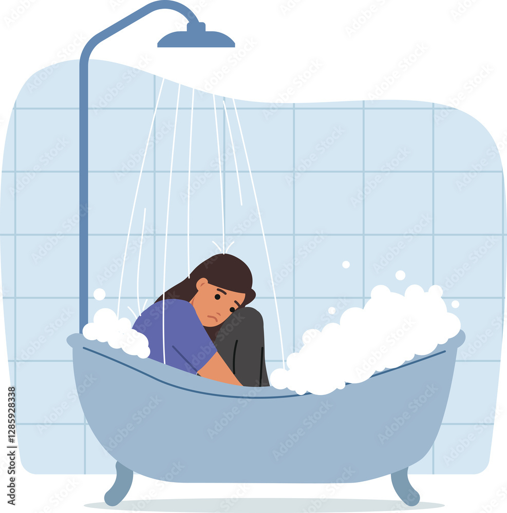 Depressed woman in clothes sits in bathtub with water, experiencing stress and apathy after breaking up with boyfriend. Depressed girl needs help of psychologist and psychotherapy to treat melancholy