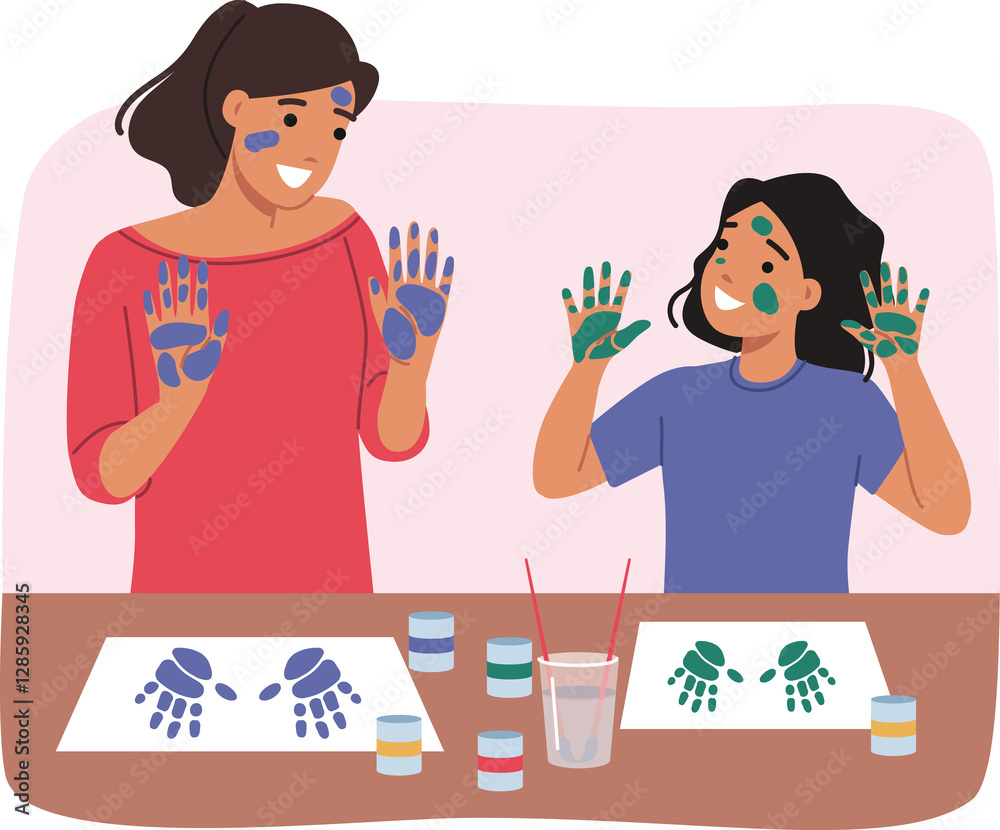 Creative pastime of mother and daughter, drawing pictures with palms, of enjoying joint hobby. Woman teacher and teenage girl are passionate about creative activity and creating masterpiece or artwork