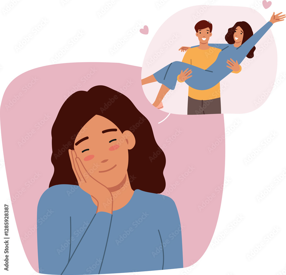 Romantic memories of woman imagining boyfriend lifting up in arms during honeymoon. Romantic memories of girl smiling while thinking about past or dreams of happy family with beloved husband