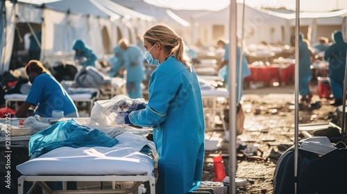 Healthcare workers providing medical care at a temporary field hospital