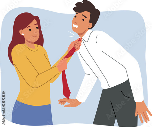 Obraz na płótnie Woman puts tie tightly around husband neck, taking care of beloved husband who is getting ready for work. Girl helping to use tie to choking boyfriend, for concept of toxic relationship in family w salonie