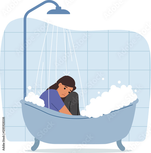 Obraz na płótnie Depressed woman in clothes sits in bathtub with water, experiencing stress and apathy after breaking up with boyfriend. Depressed girl needs help of psychologist and psychotherapy to treat melancholy w salonie