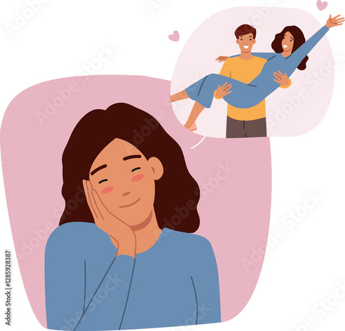 Obraz na płótnie Romantic memories of woman imagining boyfriend lifting up in arms during honeymoon. Romantic memories of girl smiling while thinking about past or dreams of happy family with beloved husband w salonie