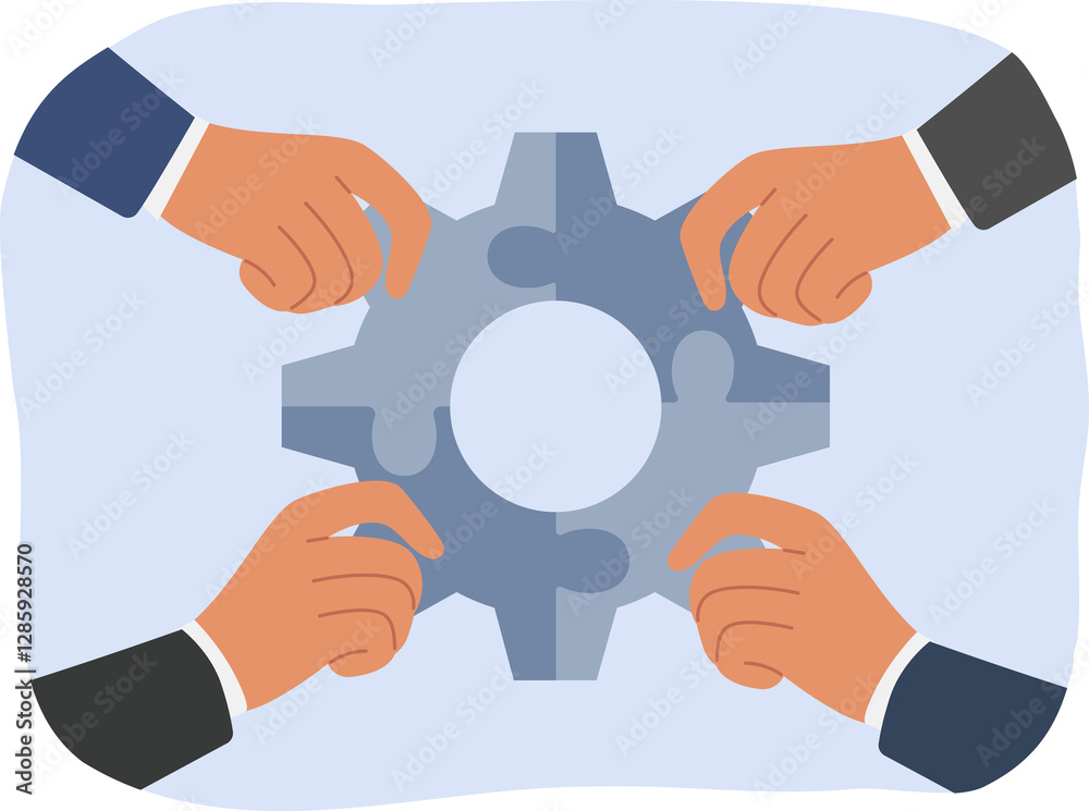 Synergy of business people holding fragments of mechanism in hands, and connecting gear to achieve success. Synergy between office managers resulting from successful team building and trust