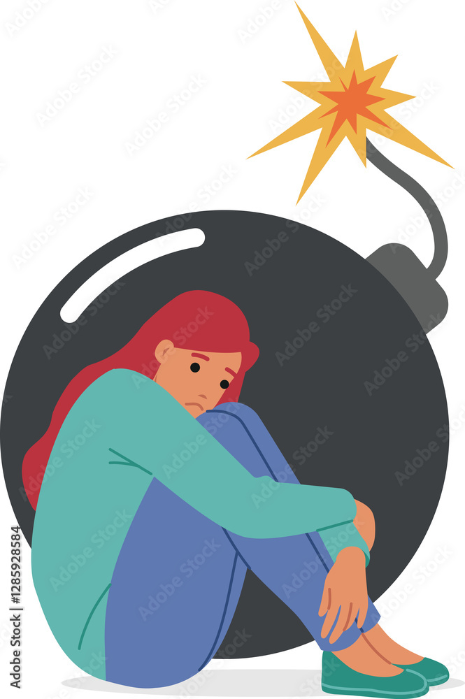 Stress and depression in upset woman sitting near large bomb symbolizing presence of serious problems. Girl experiences stress and apathy caused by social pressure or romantic failures