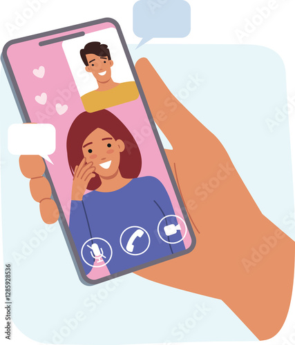 Digital dating in mobile phone application, between woman and man using video chat. Online dating happy guys girls using smartphones to deliver messages and search for romantic match