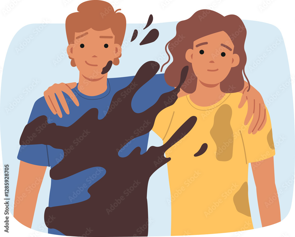 Dirty couple of happy man and woman, for metaphor for toxic relationships and presence of codependency in love union. Dirty couple smile, not paying attention to stains on clothes or splashes