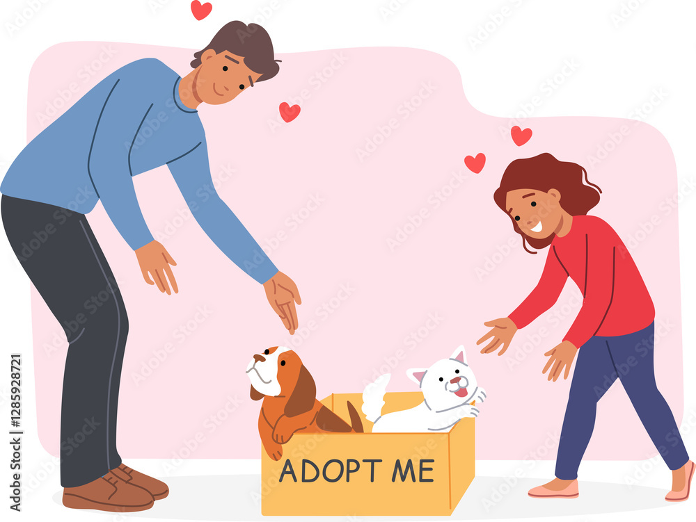 Adop me inscription on box with cat and dog, near happy girl and man choosing pet. Adop me container from shelter for homeless animals, for social advertising or searching for new adoptive parents