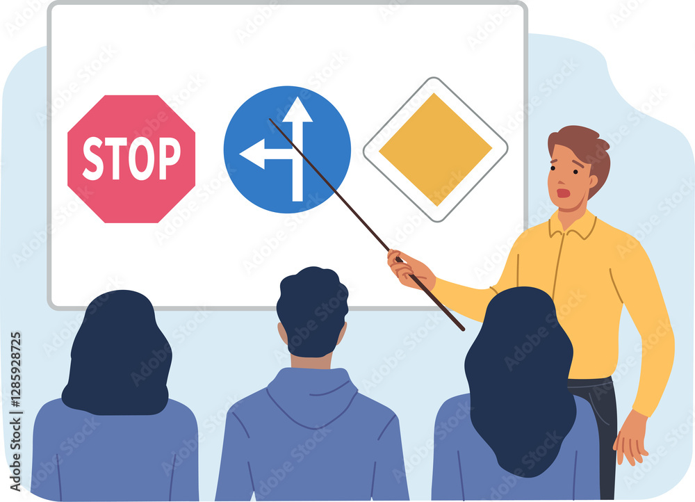 Lesson in driving school with people learning rules of road, and teacher demonstrating stop or turn signs. Training in traffic rules at school to gain opportunity to work in taxi or public transport