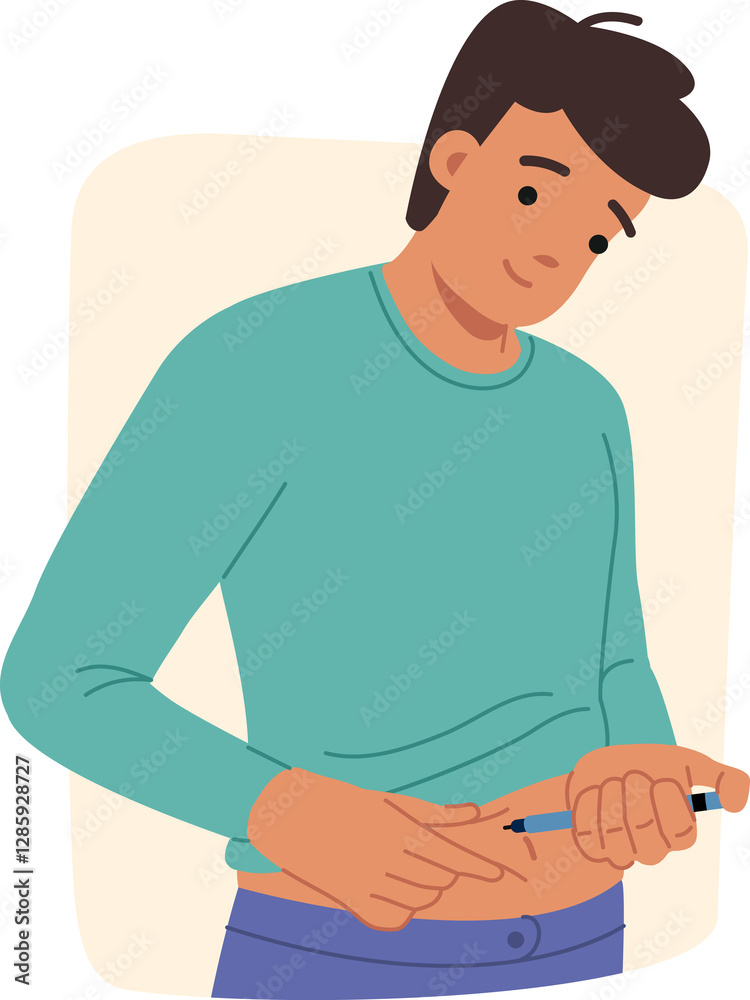 Man does diabetes insulin test by sticking syringe into stomach to prevent sugar control. Guy struggling with diabetes to avoid complications and occurrence of severe form of disease that causes death