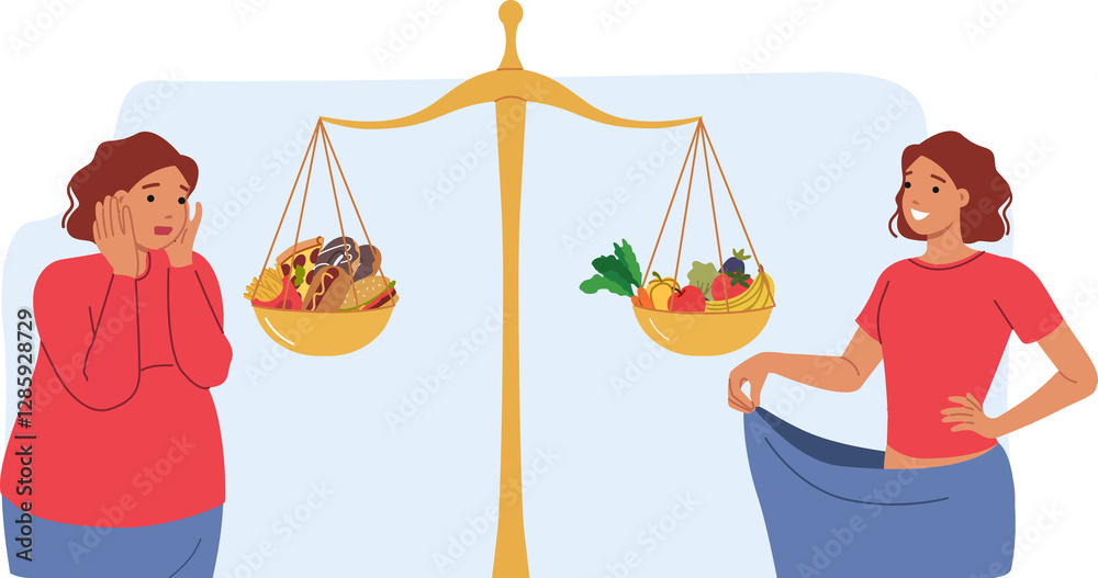 Healthy eating helped woman lose weight, standing near libra with junk food and useful vegetables or fruits. Fat girl got rid of belly fat and cellulite thanks to healthy eating or low-calorie diet